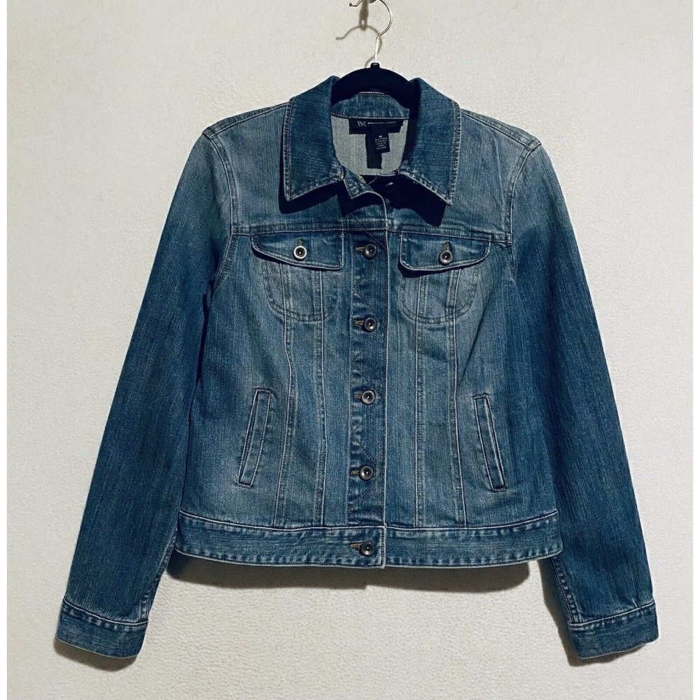 INC International Concepts Jacket Womens Medium Denim Rhinestone Skull Boho